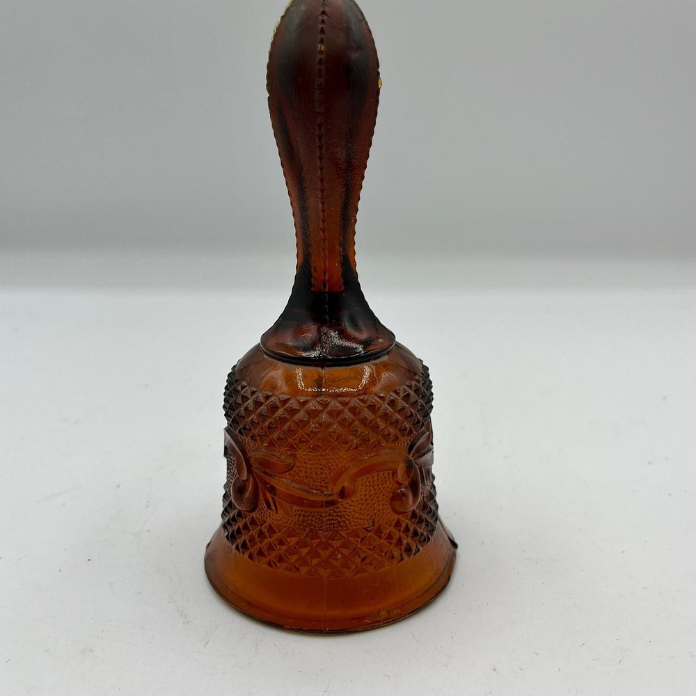 Vintage Amber Glass Hand Bell Diamond Point Scroll Pattern 6" Cottagecore
